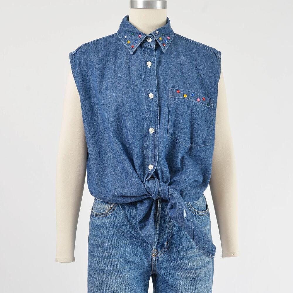 Vintage Chambray Denim Sleeveless Shirt Rhinestone Collared Cotton Blouse M L